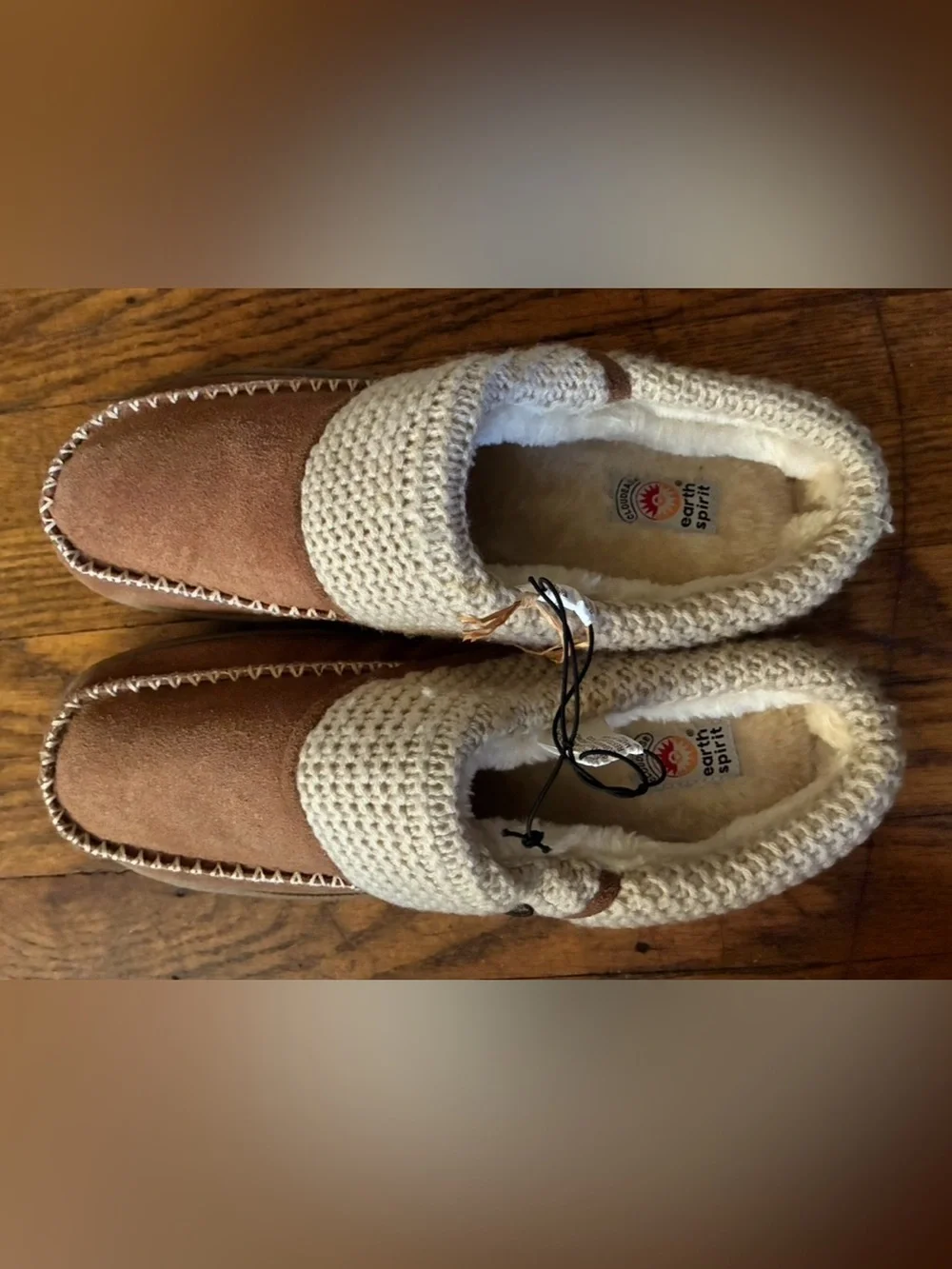 Earth Spirit Men's Brown Suede Slip-On Slippers with Cream Knit Cuff